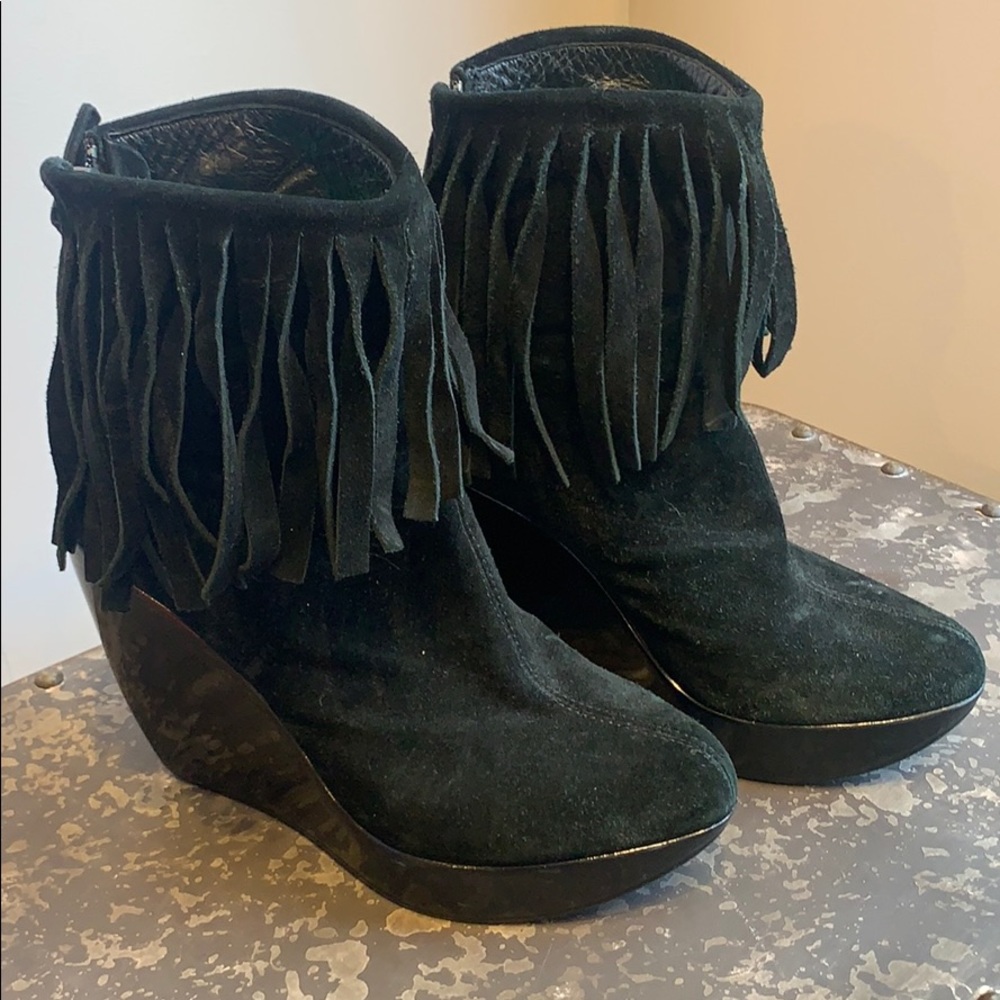 Made in Italy Platform Black Suede Fringe Booties - Picture 1 of 10